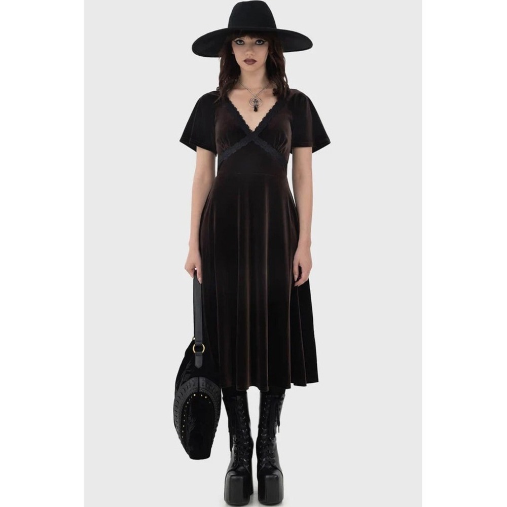 Killatar echelia dress sepia below the knee lace trim V neck velvet brown